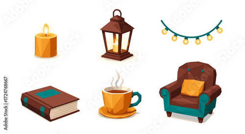 Isometric view of cozy scene with candle lantern lights book and chair