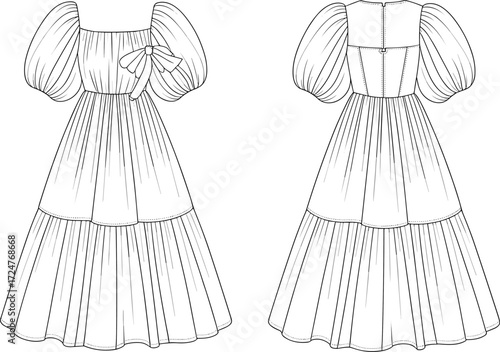 Elegant puff sleeve long dress fashion flat sketch with front and back view, bow detail, stylish women clothing cad vector illustration