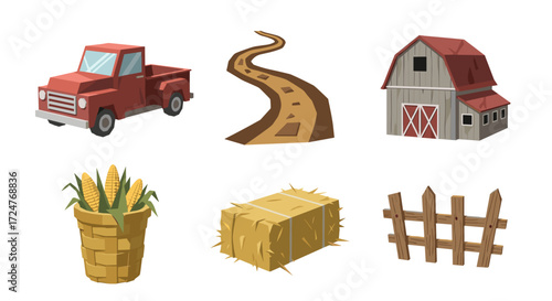 Illustration of a farm scene with truck road barn corn hay and fence art