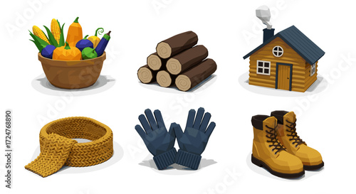 A collection of autumn and winter themed items in a cartoon style art