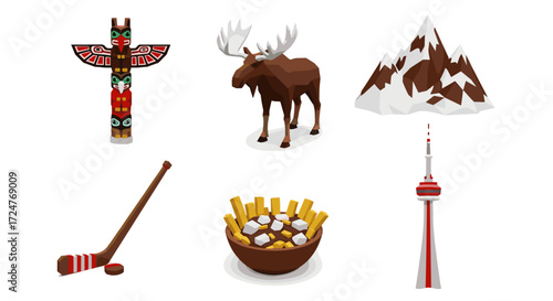 A collection of canadian symbols featuring a totem pole and a moose