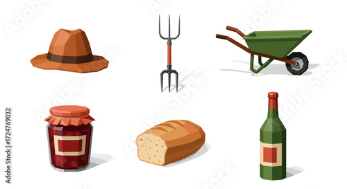 Illustration of farming tools and food items on a white background art