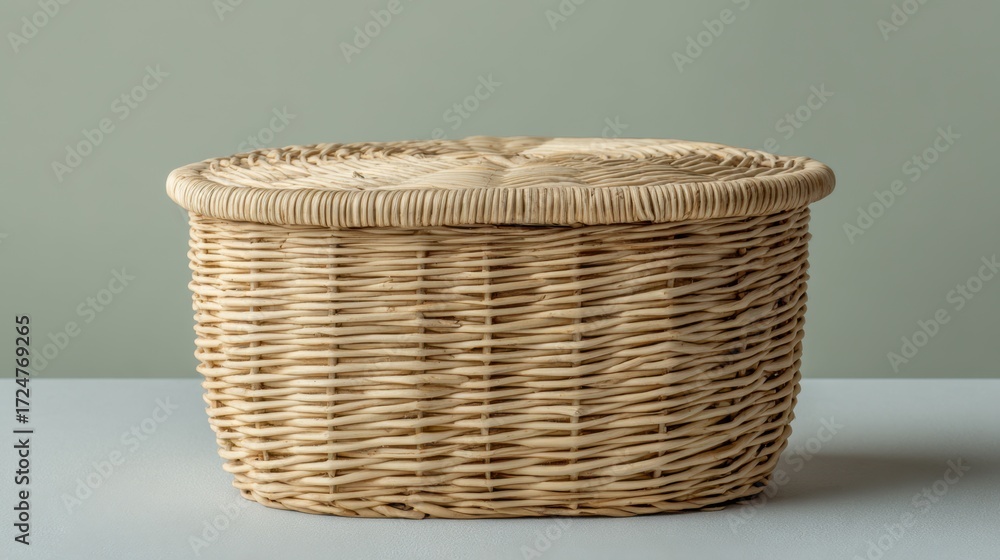 Obraz premium Natural Woven Storage Basket with Round Lid on a Minimalist Surface in Soft Light
