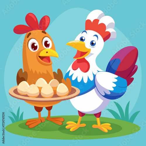Happy chickens with a plate of fresh eggs on a sunny day