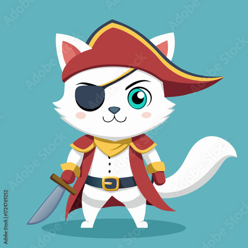 Cute white cat pirate with eye patch and sword