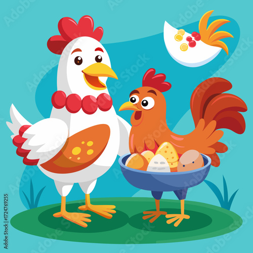 Happy cartoon chickens with a basket of eggs and food