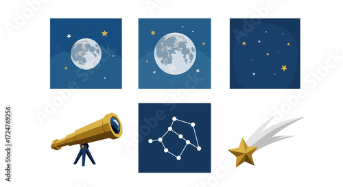 Illustration showing moon phases, stars, telescope, constellation and comet