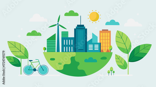 Sustainable cityscape with green energy and nature elements