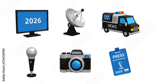 Illustration of news media equipment including a monitor and news van