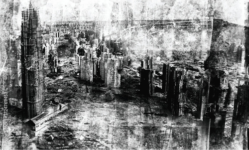Apocalyptic city with destroyed buildings. Grunge scratch background. Creative black and white illustration