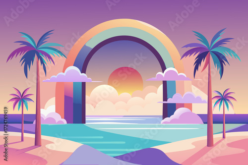 Vibrant tropical beach sunset with rainbow and palm trees