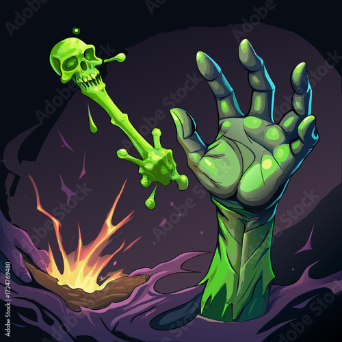 Green zombie hand emerges from ground with glowing skull staff