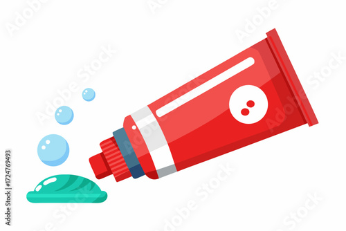 Red toothpaste tube dispensing green paste and bubbles