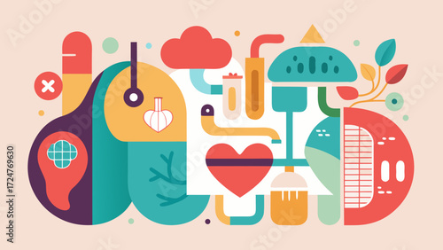 Abstract medical and biological illustration with heart and brain elements