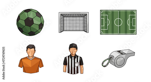 Illustration showing a soccer ball goal field players and referee whistle