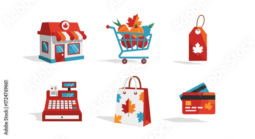 Illustration of a canadian shopping scene with various retail objects