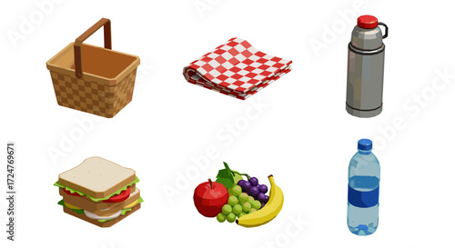 Isometric picnic arrangement with basket blanket food and refreshments