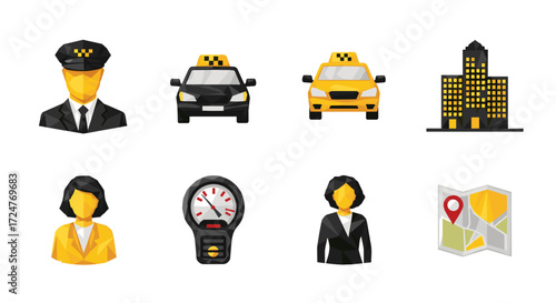 Collection of taxi service elements including driver cars building map