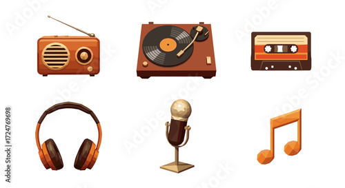 Illustration of vintage audio equipment including a radio and turntable