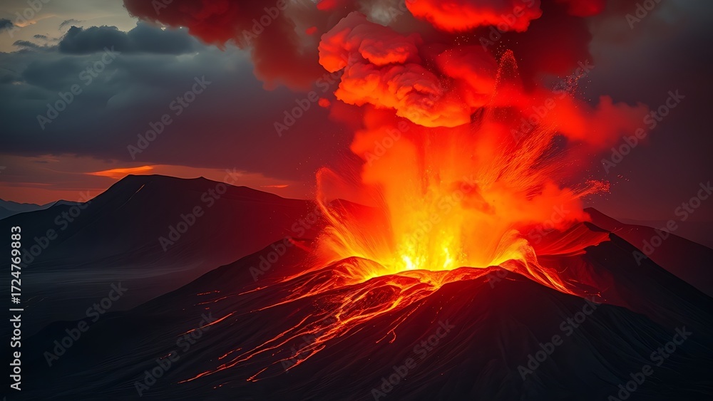 Fototapeta premium Long-dormant volcano eruption with time symbolism showing centuries of silence broken in geological awakening 