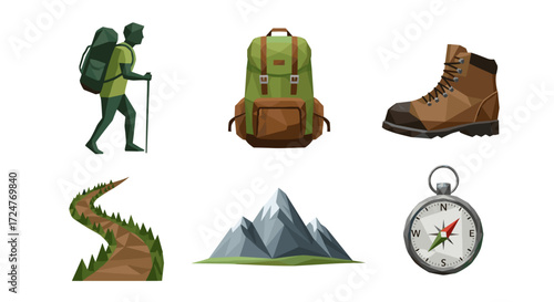 Illustration of hiking equipment including backpack boot compass and trail