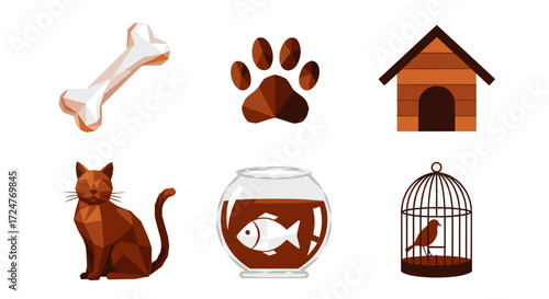 Illustration of pet related objects including bone paw print and animals