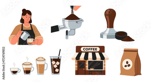 Coffee shop illustrations featuring a barista pouring coffee, various coffee beverages like lattes and iced coffee, equipment, a coffee shop, and a bag of coffee beans