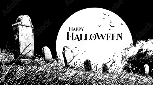 A grunge vector illustration of a cemetery silhouette at night, halloween background