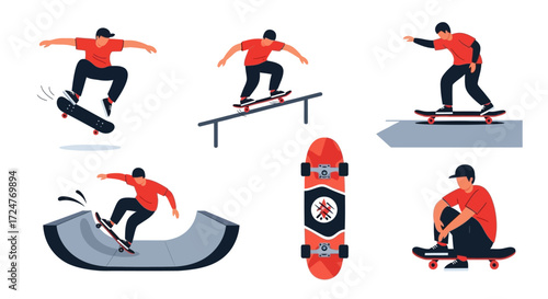 Set of skateboarders performing tricks in various poses. Action shots featuring skateboarders jumping, riding rails, and using ramps. Skateboarding illustrations