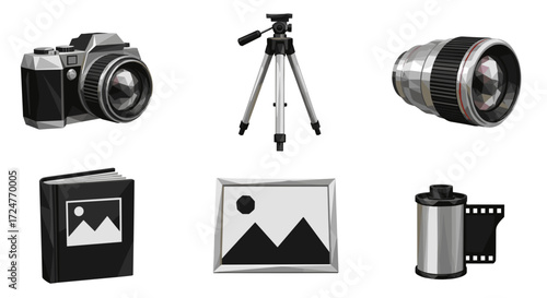 Collection of photography equipment including camera lens and tripod