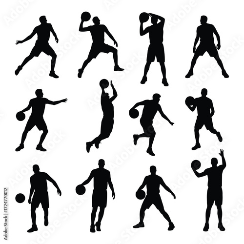 Dynamic basketball player silhouettes vector illustration set action poses sports graphics vector