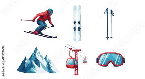 Illustration showing a skier, skis, poles, mountain, lift and goggles