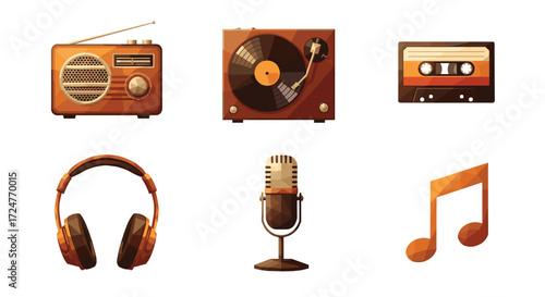 Illustration of vintage audio equipment including radio and turntable