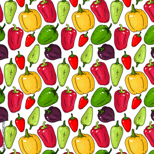 Peppers pattern Seamless. Texture of food pepper background. Kitchen textile