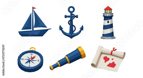 Illustration of nautical themed objects including a boat and lighthouse