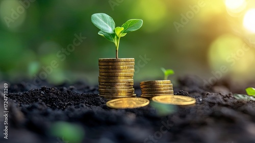 Stacked gold coins and tree with growing interest in public park, loan for future business.