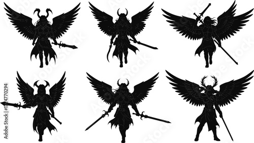 Dark fantasy angel warrior silhouette, gothic demon knight illustration, mythical horned fighter with wings, powerful evil guardian artwork, heroic fantasy character