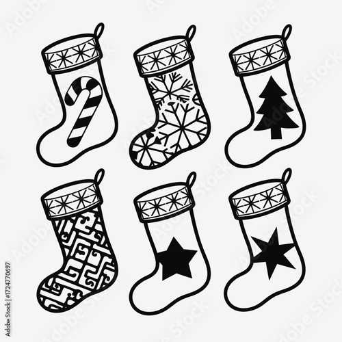 Set of six black outline christmas stockings vector illustration scalable eps icon design elements vector