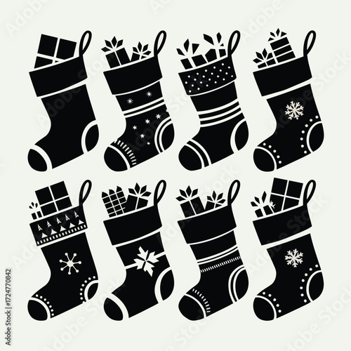 Set of black christmas stocking illustrations featuring gifts for festive season decoration and design vector