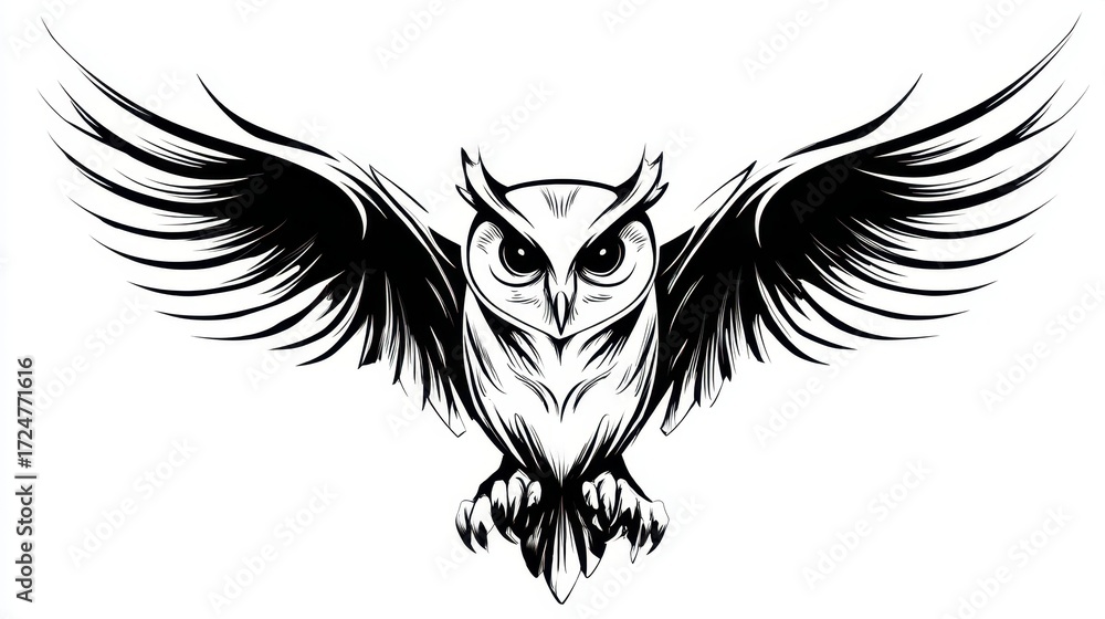 Obraz premium Detailed black and white illustration of an owl with spread wings showcasing intricate feather patterns and fierce eyes