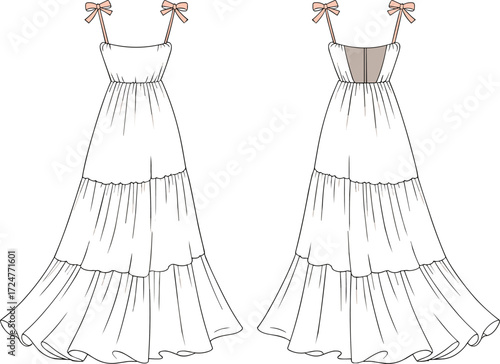 Long maxi dress front and back view, CAD drawing flat vector illustration, fashion design sketch, tiered ruffle gown, women’s clothing template