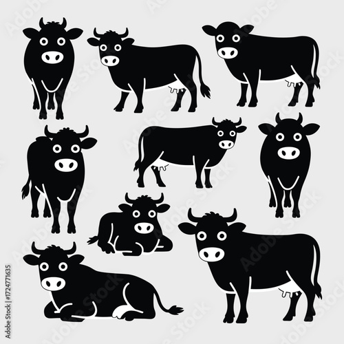 Set of diverse black silhouette cow illustrations scalable vector graphics for farm animal designs vector