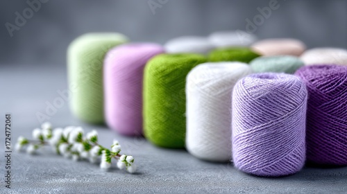 Pastel Yarn Spools in a Row Macro Shot with Soft Focus