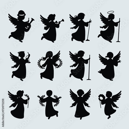 Collection of diverse black christmas angel silhouettes vector illustration scalable eps icon set vector