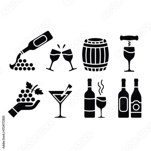Set of eight black and white wine and cocktail related vector icons for eps format vector