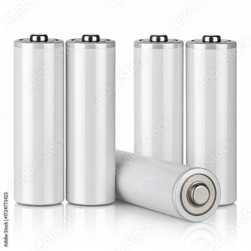 Four white cylindrical batteries, one slightly askew, reflecting on a white surface