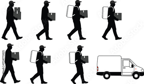 Delivery man silhouette, courier worker vector, package carrying illustration, logistics service staff, shipping box transport, parcel delivery person, delivery van art
