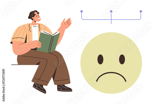 Man holding a book gestures, accompanied by a sad face emotion and connection graphic. Ideal for education, emotions, communication, psychology, reflection, mental health brainstorming. Simple flat