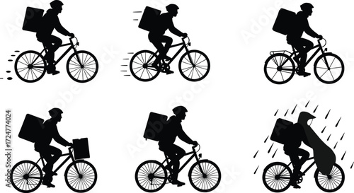Delivery rider silhouette, bicycle courier vector, food delivery worker, parcel transport man, courier in rain, express delivery service, logistics bike art