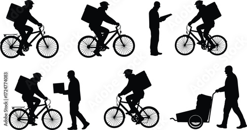 Delivery worker silhouette, bicycle courier vector, food delivery man, parcel service illustration, courier on bike, logistics worker art, transportation service design